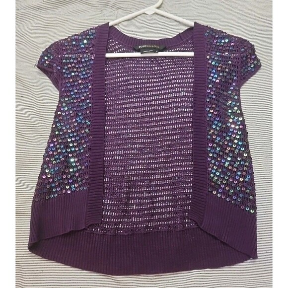 BCBGMAXAZRIA Women's 100% Silk Purple Knit Shrug With Blue Sequins Size M - Picture 5 of 7